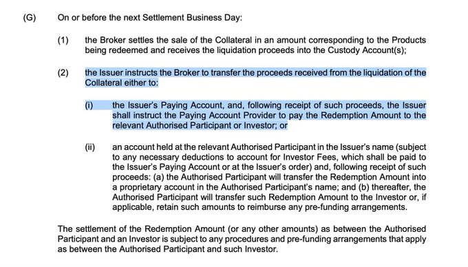A legal/financial document excerpt (clause G) detailing the settlement process for Collateral liquidation and Redemption Amount transfers between an Issuer, Broker, and Authorised Participant.