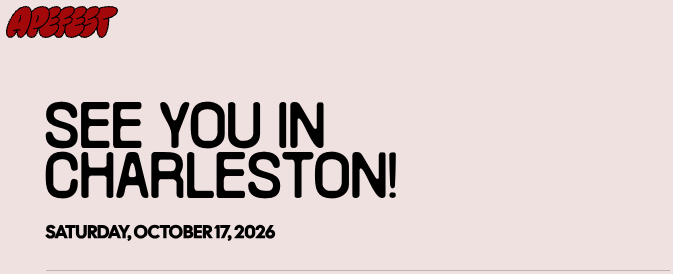 Promotional graphic on a light pink background with the word 'ADDRESS' in red at the top left and large text reading 'SEE YOU IN CHARLESTON!' followed by 'SATURDAY, OCTOBER 17, 2026.'