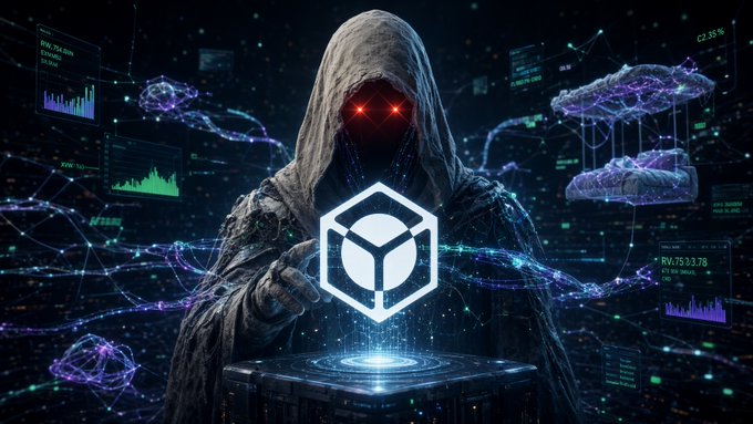 A digital artwork depicting a hooded figure with glowing red eyes holding a glowing cube logo, surrounded by holographic data visualizations and brain imagery in a cyberpunk style.