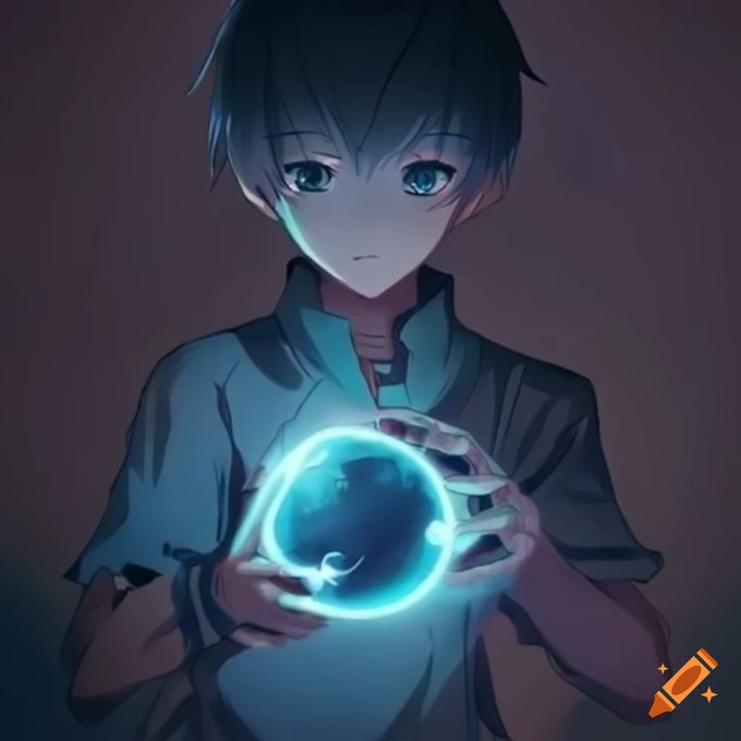 The image features an anime character with blue eyes holding a glowing orb or crystal ball. The boy appears to be looking down at the orb, possibly contemplating its power or significance. The background of the image is dark, which further emphasizes the glow from the orb. The caption below the image reads "Good night Web3 builder's Another day of learning and building in a space that never sleeps."