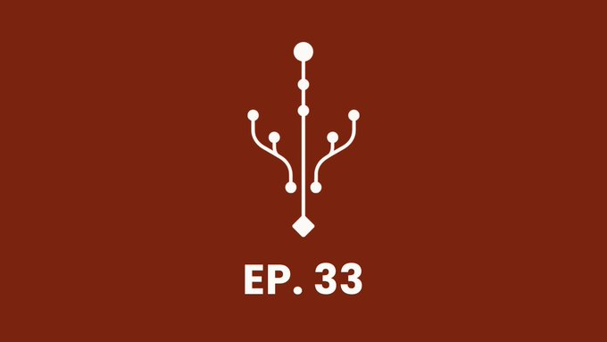 A minimalist graphic features a white circuit-like tree symbol above the text 'EP. 33' on a dark red background.