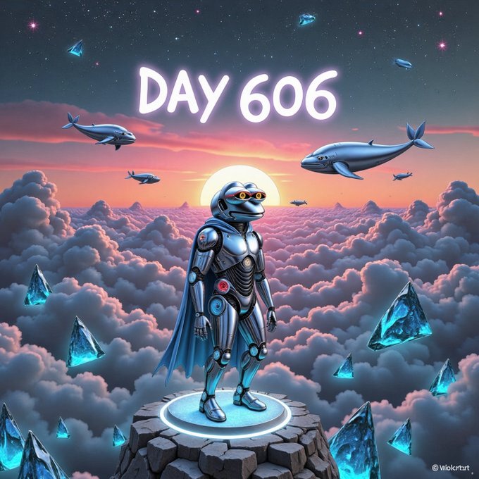 An AI-generated image showing a robotic figure in a blue cape standing on a platform above clouds, with the text 'DAY 606' and the watermark '©Wokrtrt' at the bottom.