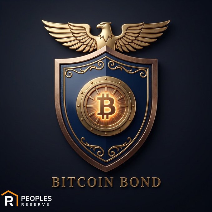 Digital artwork of an ornate gold and blue heraldic shield featuring a Bitcoin 'B' symbol topped by an eagle, branded 'BITCOIN BOND' by Peoples Reserve.