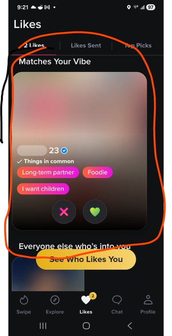 The image shows a phone screen with an orange circle around a list of options, likely from a dating app or social media platform. The options include things like "things in common" for long-term partners, "fool", and "want children". There is also a message that says "see who likes you" at the bottom of the image.