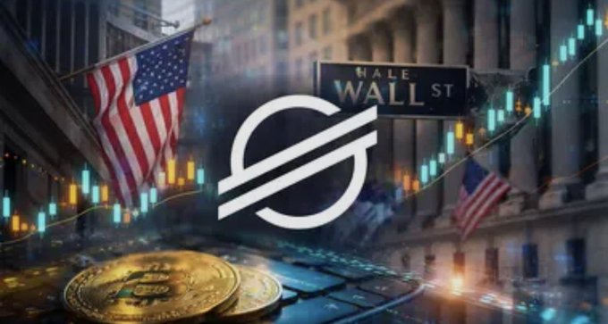 A composite image featuring a Stellar cryptocurrency logo overlaid on Wall Street imagery, complete with American flags and stock market charts.