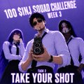 The image features a group of three people standing next to each other, all dressed up for an event or gathering. One person is holding a camera while another two are posing with him. The background of the image is purple, which complements the overall color scheme and design of the poster. The text on the poster reads "100 SINJ Squad Challenge Week 3", indicating that this is a special event related to the 100 SINJ Squad Challenge.