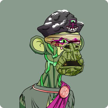 A stylized illustration of a green-skinned, zombie-like character wearing a dark cap with a pink brain design, purple glasses, and a pink sash with a circular emblem.