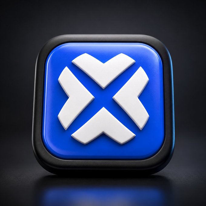 The image shows a 3D-rendered button with a black outer frame and a blue inner surface featuring a white "X" symbol made of four chevrons pointing toward the center. It serves as a generic cryptocurrency or app icon and does not visually relate to the accompanying post about @BTCCexchange USDT rewards.