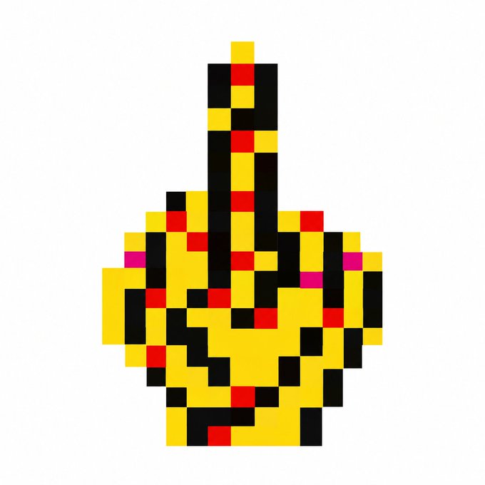 A pixelated, abstract shape composed of yellow, black, red, and pink squares against a white background.