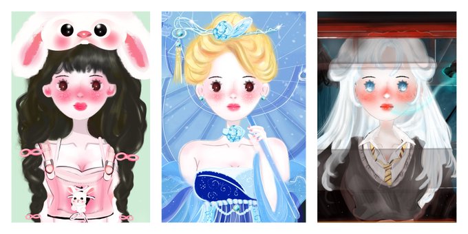 Three cute cartoon-style illustrated portraits of girls — one with a pink bunny hat and dark hair, one as a blonde princess in a blue gown, and one with white hair in a school uniform.