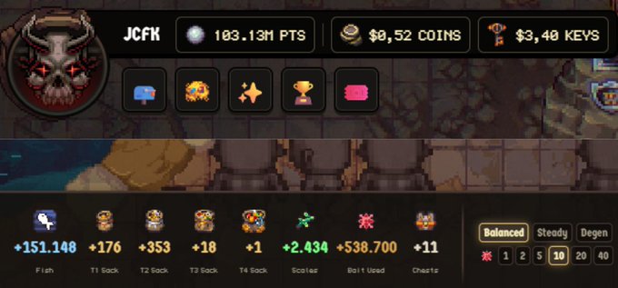 A screenshot of a game interface showing a user named "JCFK" with a horned skull avatar, displaying stats like "103.13M PTS", "$0.52 COINS", and "$3.40 KEYS", with various item counters below.