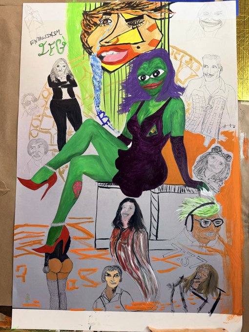 A colorful, mixed-media artwork featuring a central figure of a green-skinned woman in a purple dress, surrounded by various sketched and painted character portraits and abstract elements.