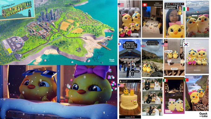 A collage promoting 'Quack by Lola' featuring an island labeled 'JALACASTLE VII' and various images of duck figurines with text reading 'Lola in a Quack in a Guesthouse Patagonia' and 'Japanese Quack & Lola in Roma photo'.
