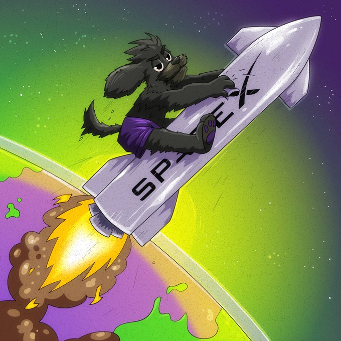 The image features a cartoon dog wearing purple shorts riding a white rocket ship with the word "SPACEX" written on it, which appears to be flying through space. The background of the image shows a planet surrounded by stars, giving the impression that they are in outer space. The caption at the bottom of the image reads: "on my way to the moon June 22nd".