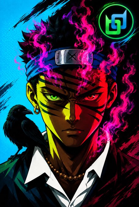 A stylized anime portrait depicts a character with half yellow and half red coloring, glowing mismatched eyes, a Konoha headband, and a black crow perched on his shoulder, with pink smoke billowing around him.