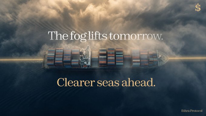 Atmospheric image of a container ship cutting through fog on dark water with text 'The fog lifts tomorrow. Clearer seas ahead.' and the 'Zthra Protocol' logo in the corner.