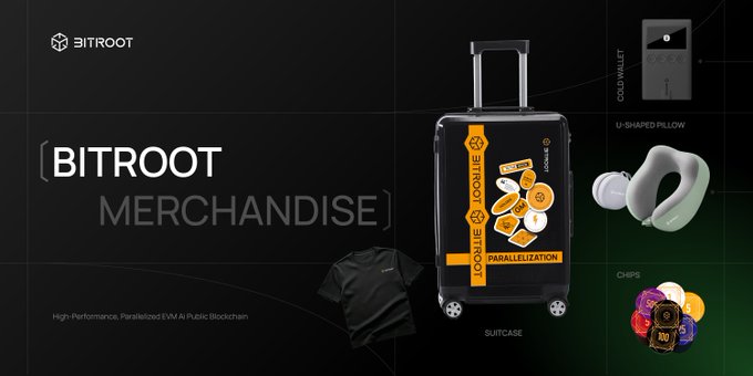 The image showcases the new "BITROOT MERCHANDISE" collection against a sleek black background, featuring a rolling suitcase with orange strap branding, a black t-shirt, a U-shaped pillow, a card wallet, and colorful "CHIPS" accessories. This visual lineup ties directly to the announcement, illustrating the fresh lineup of Bitroot goodies available through the Blind Box System, staking tasks, and community activities.