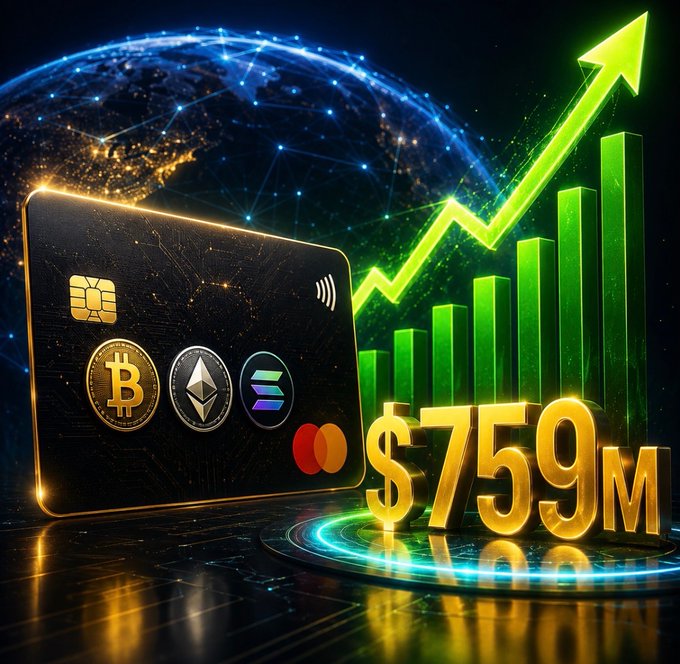 A sleek cryptocurrency card featuring Bitcoin, Ethereum, and Solana logos is displayed alongside a glowing green ascending bar chart and an upward arrow, with bold golden text reading "$759M"—visually reinforcing the post's message that crypto card transactions surged to $759M in July, marking a 2.5x year-over-year growth.