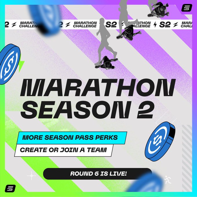 The image features a poster for the marathon season 2 of the "Marathon Season" series, which is an online challenge that encourages people to run more miles than ever before. The poster includes a list of rules and tips for participating in the challenge, as well as a round-sixth timer indicating when the challenge ends. There are also blue coins scattered throughout the image, possibly representing donations or rewards for completing the challenge.