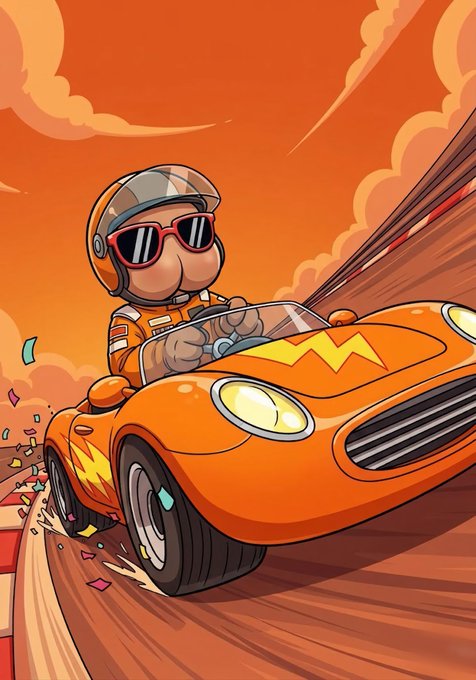 A cartoon illustration of a character wearing a helmet and sunglasses driving an orange race car with a lightning bolt emblem against a vibrant orange sky.