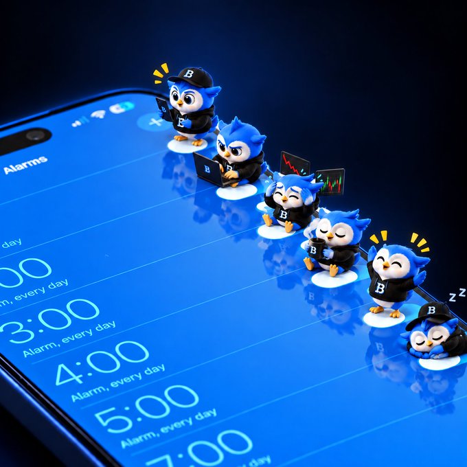 A 3D illustration showing cartoon owls in black shirts with a "B" logo standing on a smartphone's alarm screen at various times.