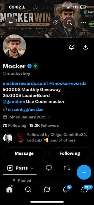 A Twitter/X profile page for 'Mocker' (@mockerboy), verified with a green checkmark, showing 18.3K followers, promoting mockerrewards.com, a $500 monthly giveaway, and a Discord link, with follower stats displayed.