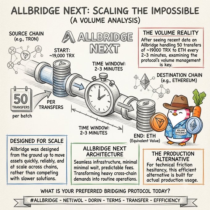 An infographic titled 'ALLBRIDGE NEXT: SCALING THE IMPOSSIBLE (A VOLUME ANALYSIS)' illustrating cross-chain transfers from TRON to Ethereum, with sections on The Volume Reality, Designed For Scale, Allbridge Next Architecture, and The Production Alternative.
