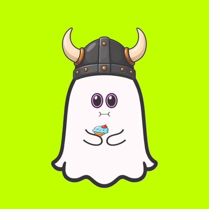 A whimsical cartoon ghost wearing a Viking horned helmet holds a cupcake on a bright green background, perfectly matching the playful, Halloween-spooky vibe of the "RHSpookers" giveaway announcement for a 5 GTD prize.