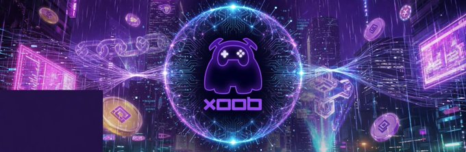 The image features a banner for a project named "XOOB" that appears to be related to Bitcoin or cryptocurrency. The banner includes a purple background, a black and purple monster, and neon lights surrounding the logo. The text on the banner reads "XOOB", which is likely the name of the project or organization behind it. The image also contains other elements such as coins, buildings, and neon lights, creating an overall futuristic and digital atmosphere.