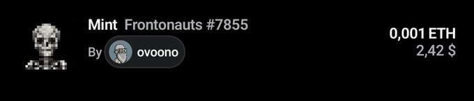An NFT listing for 'Mint Frontonauts #7855' by ovoono, priced at 0.001 ETH ($2.42), showing a pixelated character artwork.