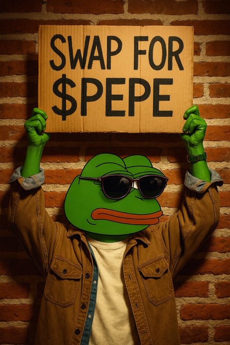 A Pepe the Frog character wearing sunglasses and a brown jacket holds a cardboard sign reading 'SWAP FOR $PEPE' against a brick wall.