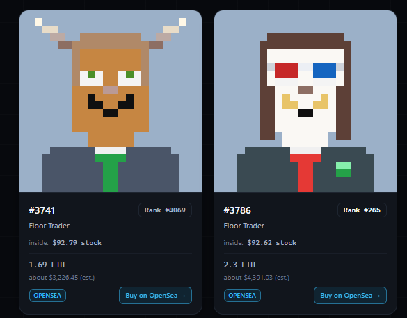 Two CryptoPunk NFT cards displayed on a marketplace: Punk #3741 (Rank #4069) priced at 1.69 ETH ($3,226.45) and Punk #3786 (Rank #265) priced at 2.3 ETH ($4,391.03), both labeled 'Floor Trader' with OpenSea links.