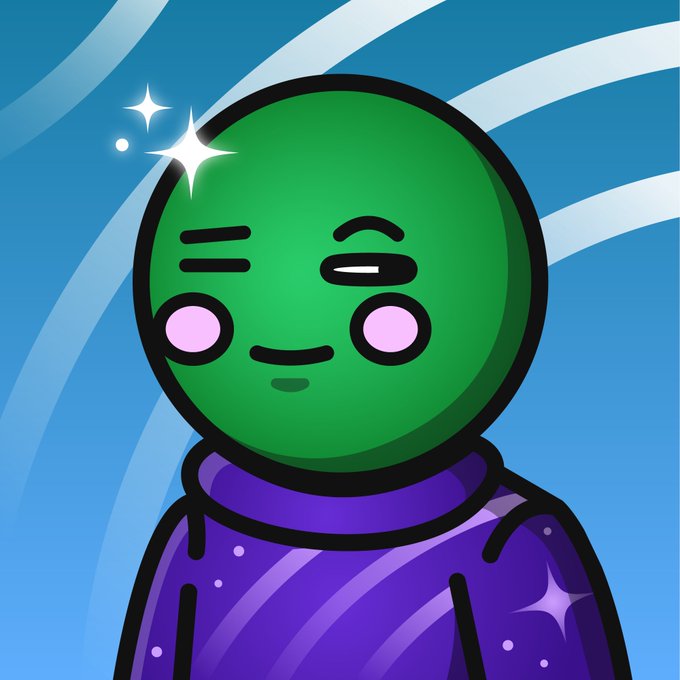 A cartoon green alien character with pink cheeks, a winking expression, and a starry purple hoodie stands against a blue wavy background.