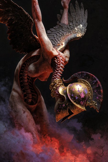 A dark, surreal digital artwork depicting a winged, spine-exposed figure descending upside-down wearing an ornate golden helmet, set against a backdrop of red smoke.