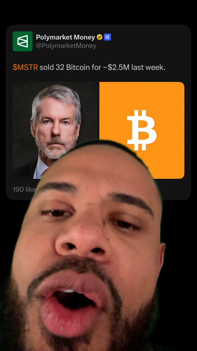 The image features a man with a beard and mustache making a funny face for the camera while looking at the screen of his phone or computer. The background behind him shows an advertisement for Bitcoin, which includes a picture of a man wearing a suit and tie along with the text "Polymarket Money". This suggests that the man is either promoting Bitcoin or has just received it as payment for something he did.