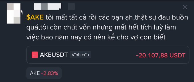 A Vietnamese investor shares a heartbreaking message in a Telegram chat, stating he has lost everything after shorting the AKE token, losing **-20,107.88 USDT (a -2.83% drop)** and expressing uncertainty about how to face his wife and children after years of accumulated savings vanished.