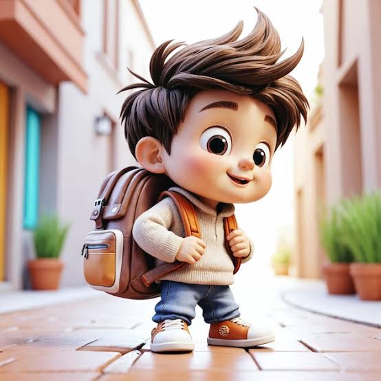 The image features a cartoon boy with brown hair wearing a sweater and jeans holding a backpack, standing on a brick sidewalk. The background includes potted plants and buildings, creating an urban setting for the scene. The caption of the image reads "Focus on what is in the image and how it relates to the post".