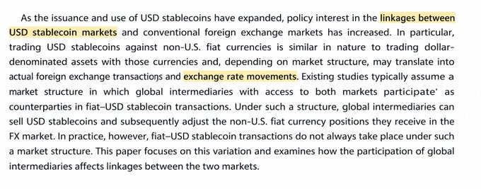 The image shows an excerpt from an academic or policy paper discussing the relationship between USD stablecoin markets and conventional foreign exchange (FX) markets, with key highlighted phrases including "linkages between USD stablecoin markets," "exchange rate movements," and "global intermediaries." The accompanying post references a Bank of Korea study suggesting that stronger buying pressure in dollar-backed stablecoin markets can be linked to weaker local currencies, indicating that stablecoin demand may spill over into traditional FX markets—directly relating to the paper's examination of how global intermediaries' participation affects the linkages between these two markets.