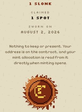 A pixelated receipt confirming "1 SLONK" was claimed, with 1 spot swiped on August 2, 2026, and a message that the mint allocation will be read from the address directly at minting—tying into the post's excitement about securing a spot in MichaelHirsch's NFT mint powered by Anvil and Clutch Markets.