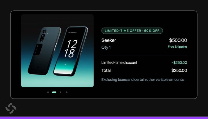 An image showing the Solana Mobile Seeker phone with a 50% off limited-time offer, priced at $500 with a $250 discount bringing the total to $250, illustrating the announcement of the extended promotion through Breakpoint.