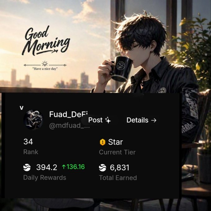 The image features a man sitting down with his hands around a cup of coffee while looking out a window. The background shows an urban cityscape with buildings visible through the window, creating a contrast between the natural world outside and the man's indoor setting. The image also contains text that reads "Good Morning" and "Fudal Defi", which could be related to the post or the time of day it was taken.