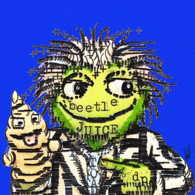 A colorful digital illustration with a blue background depicting a green, spiky-haired character labeled 'beetle Juice' alongside a small cartoon cat.