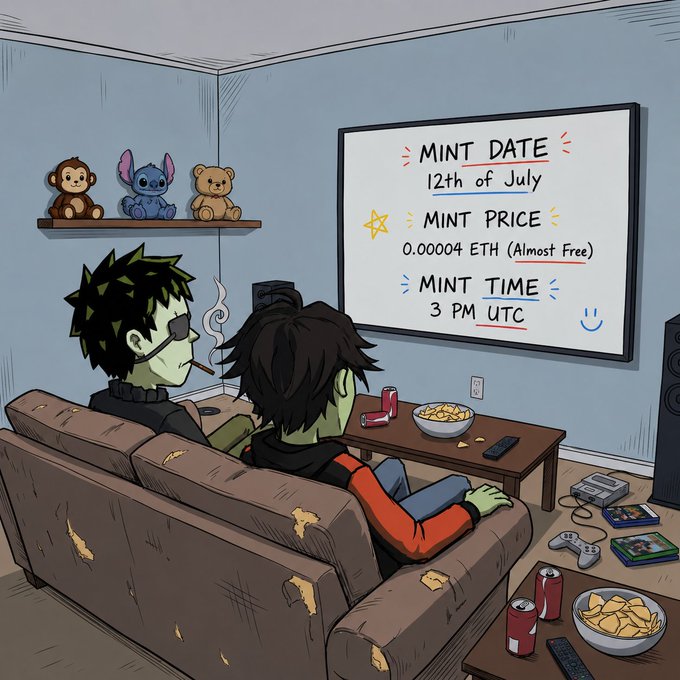 Two green-skinned cartoon characters lounge on a worn brown couch in a casual living room, with one smoking a cigarette and the other resting their feet on a coffee table scattered with chips, soda cans, and game controllers, as they watch a large screen displaying the NFT mint details: "MINT DATE 12th of July," "MINT PRICE 0.00004 ETH (Almost Free)," and "MINT TIME 3 PM UTC." The relaxed, meme-style scene humorously illustrates the post's message about accidentally leaking the mint information ahead of the drop.