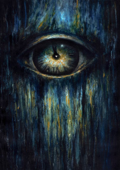 Dark blue and gold painting of a single large eye with a starry, cosmic iris.