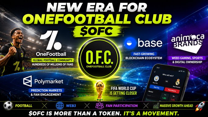 The image depicts a billboard advertisement for One Football Club, a soccer club that is building something massive behind the scenes while most people are focused on short-term price action. The advertising campaign also highlights the global football community's involvement in creating the club and attracting fans through their digital engagement strategies like @ofc_the_club and @OneFootball.