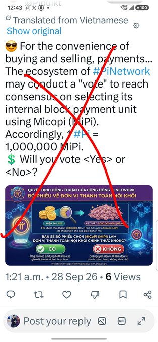 A screenshot of a Vietnamese-language social media poll proposing that Pi Network adopt "MiPi" (1 MiPi = 1,000,000 Pi) as its internal block payment unit, asking users to vote Yes or No, with the post criticizing the premise that Pi's "Global GCV Value" could be determined by community vote.