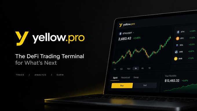 A promotional graphic for 'yellow.pro,' described as 'The DeFi Trading Terminal for What's Next,' shows a laptop displaying a trading interface with ETH/USDT charts and options to trade, analyze, and earn.