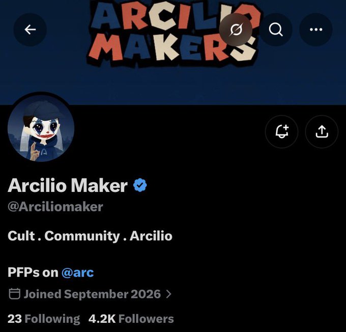 A Twitter/X profile for "Arcilio Maker (@Arciliomaker)" shows a Joker-like PFP avatar with bio "Cult . Community . Arcilio | PFPs on @arc" and 4.2K followers.