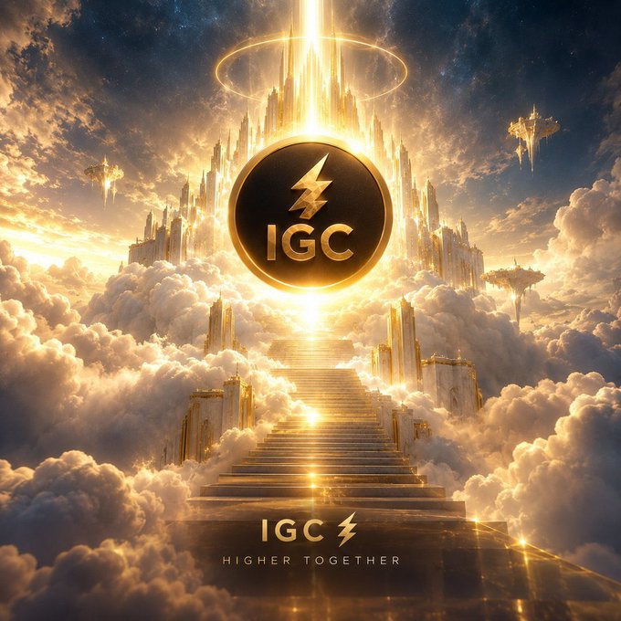 A fantasy digital artwork features a glowing golden logo with a lightning bolt and the text 'IGC' above the tagline 'IGC HIGHER TOGETHER', set against a heavenly backdrop of clouds, a staircase, and floating islands.