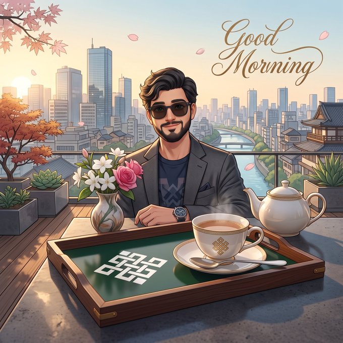 An illustrated 'Good Morning' scene of a bearded man in sunglasses sitting at a table with a coffee cup, teapot, and flowers, overlooking a city skyline with traditional architecture and falling cherry blossoms.